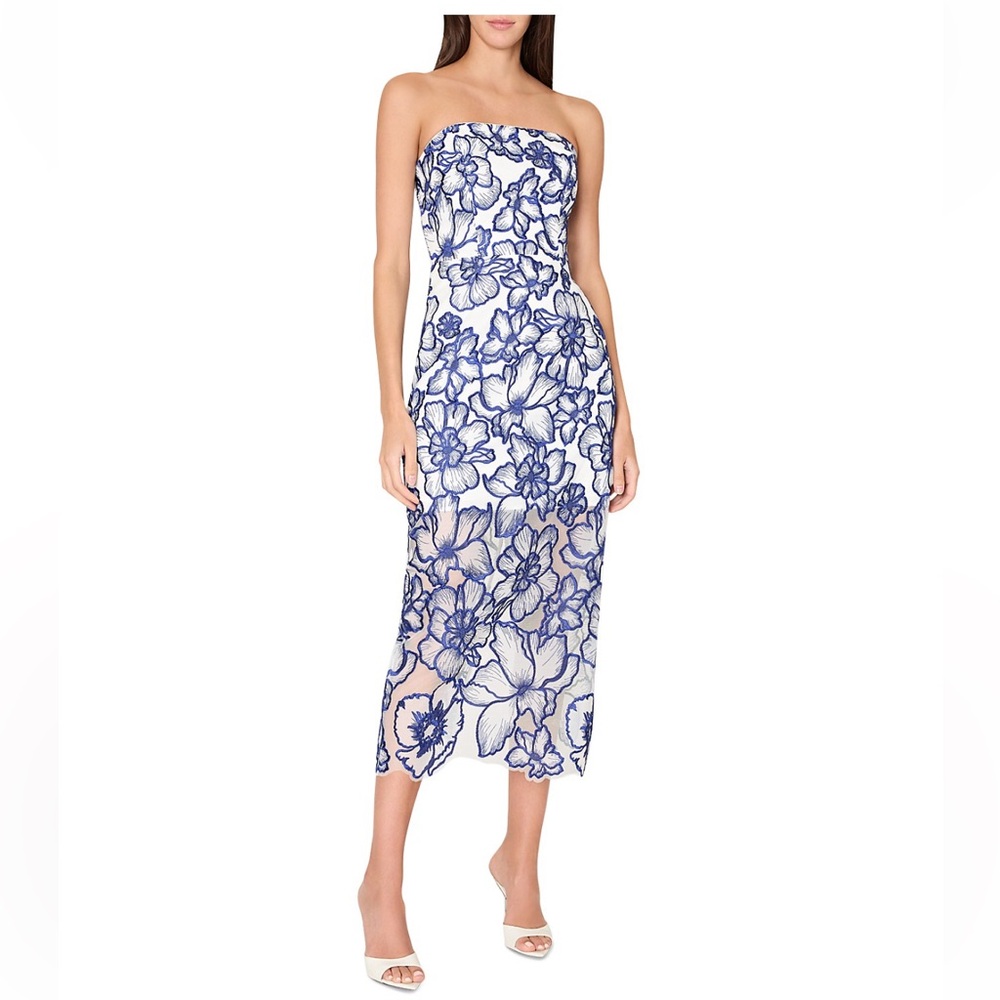 MILLY Kait Floral Garden Embroidered Strapless Dress Blue White Size 4 NWT